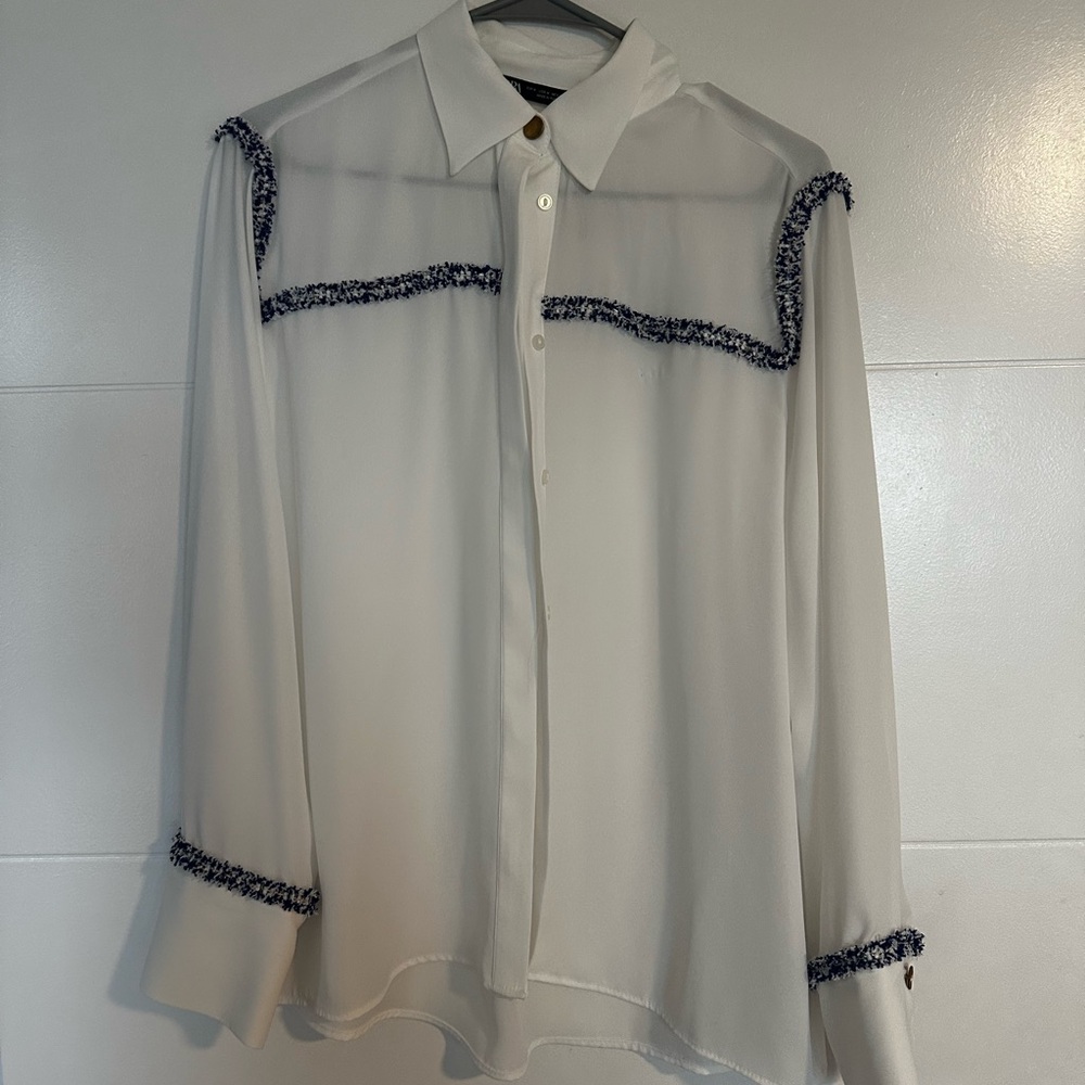 Zara Button Down Blouse with Toile Trim Detailing